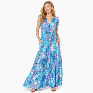 Lilly Pulitzer Floral Maxi Dress Women Size 8 Blue Pink Ruffle Tiered Resort